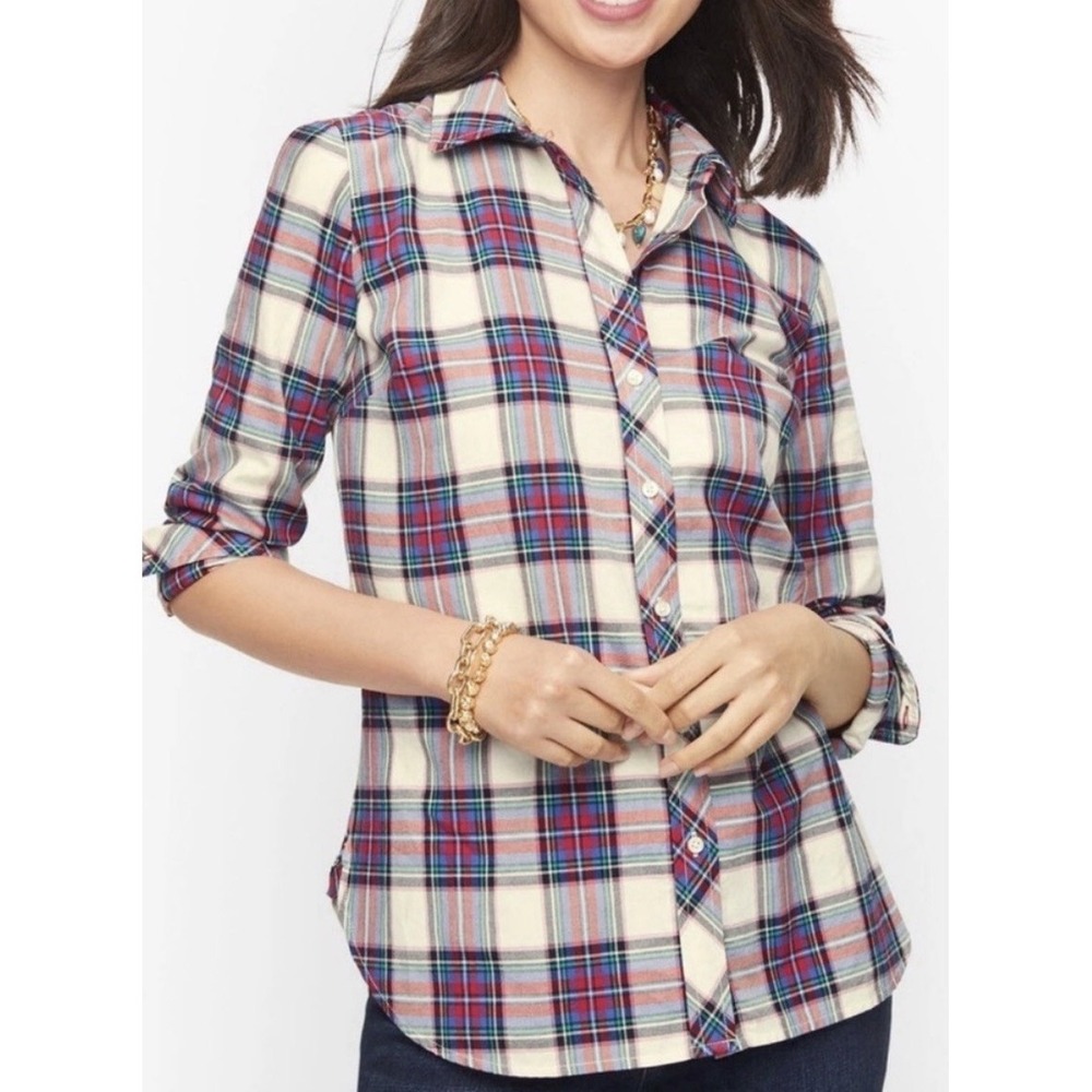 Talbots Womens Blouse Button Down Shirt Plaid Pink Red Green White Medium